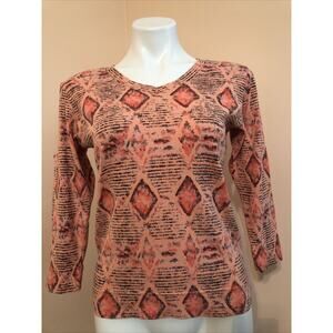 FRESH PRODUCE Pink Geometric 3/4 Sleeve V Neck 100% Cotton Top XS